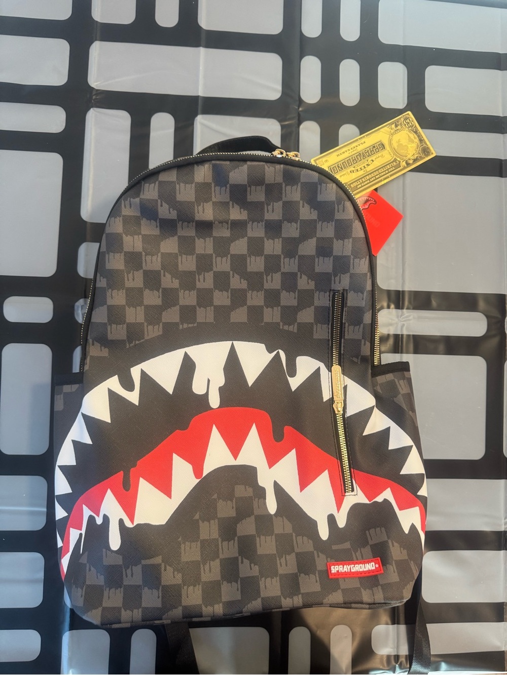 (BRAND NEW) Sprayground Black Red White Checkerboard Shark Backpack